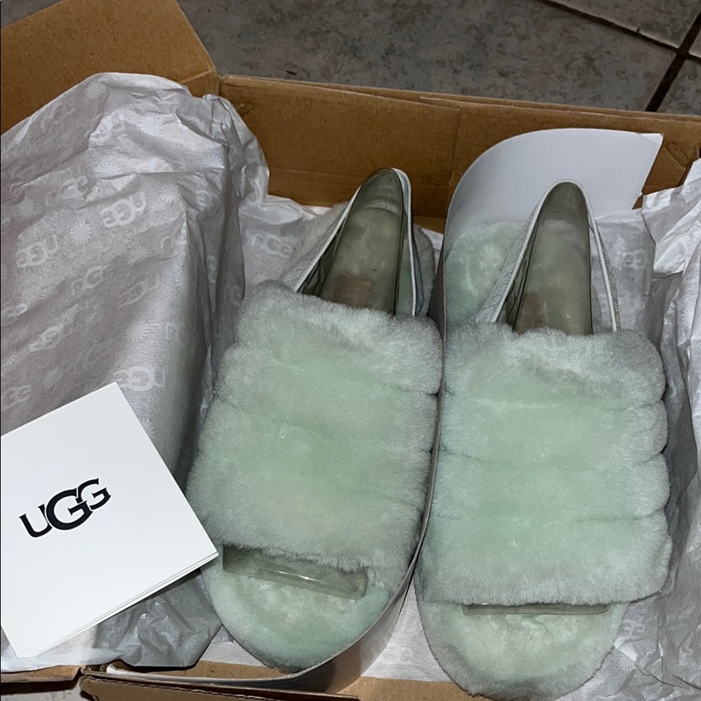 UGG Light Green Fluffy Slides